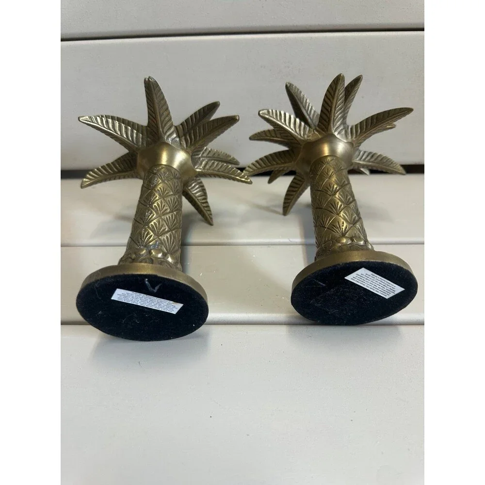 Vintage Engraved Brass Mid Century Palm Tree Taper Candle Holders Set